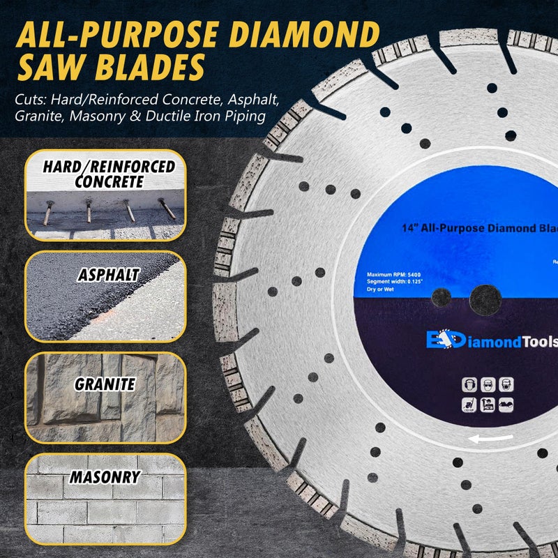 EDiamondTools 14" All Purpose Diamond Saw Blades for Hard/Reinforced Concrete, Asphalt, Granite, Terrazzo, Ductile Iron Piping, 4-5/8" Cutting Depth, 20mm Arbor - Image 2